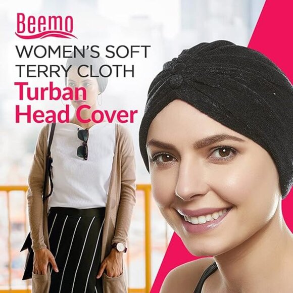 BEEMO Women’s Soft Terry Cloth Turban Head Cover with Knot or Button Front-Black - Picture 6 of 7